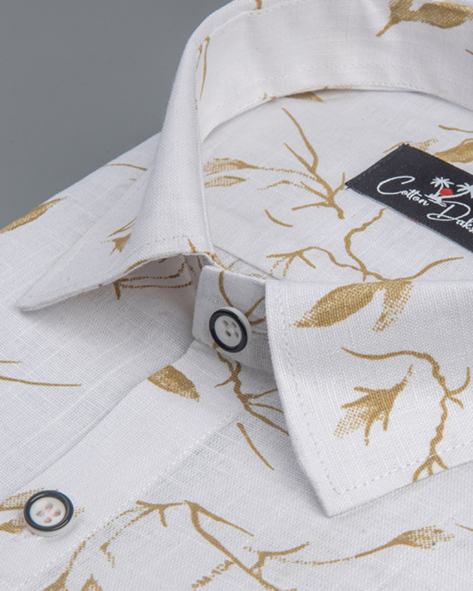 Linen White With Mahendi Structurer Print Shirts