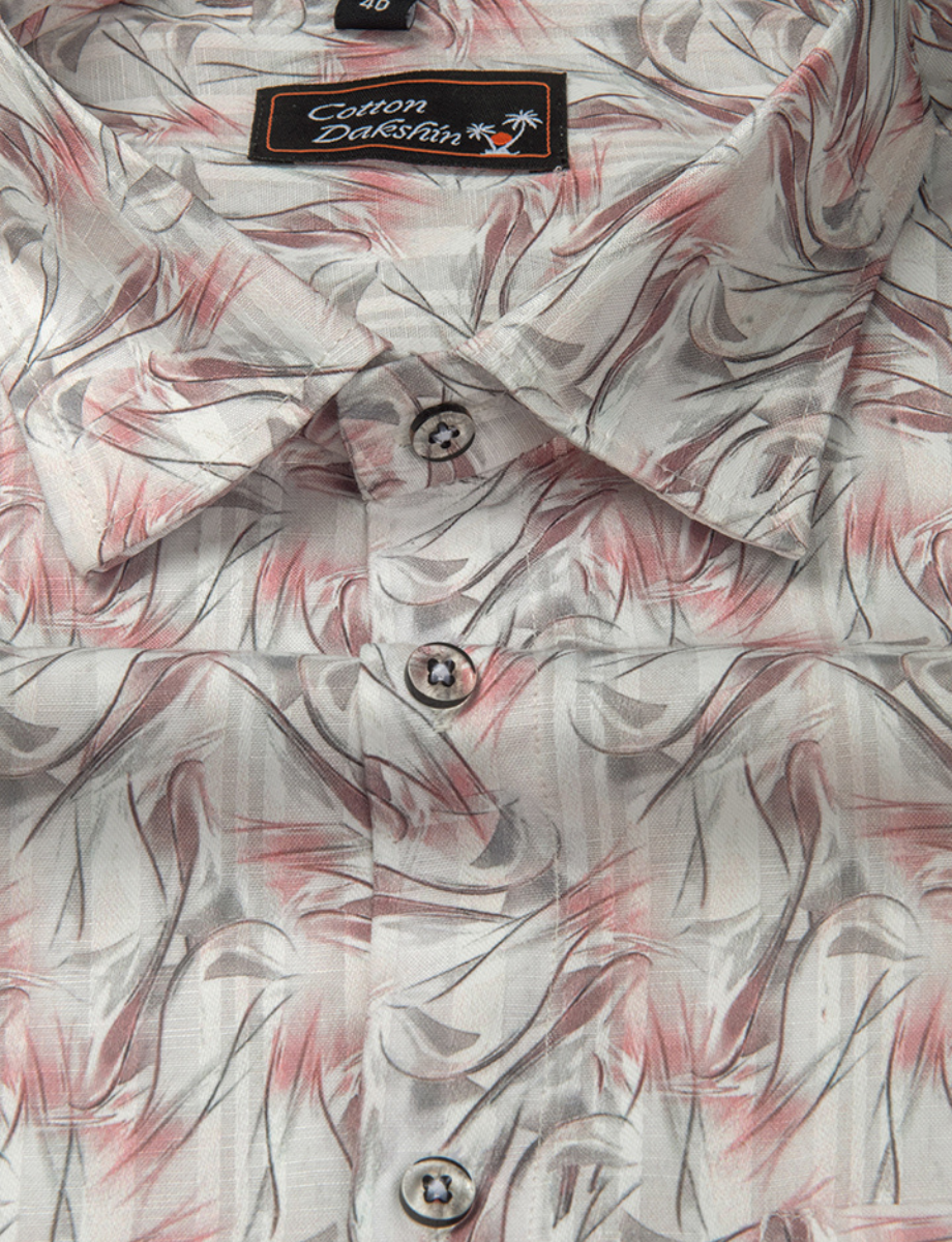Cotton Printed White with Red Gray Mix Zickzack Print Shirts for Men
