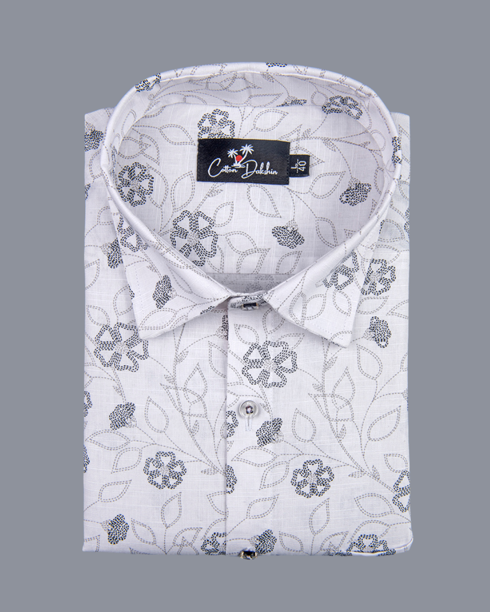 Linen White with Black Flower Print Shirts for Men
