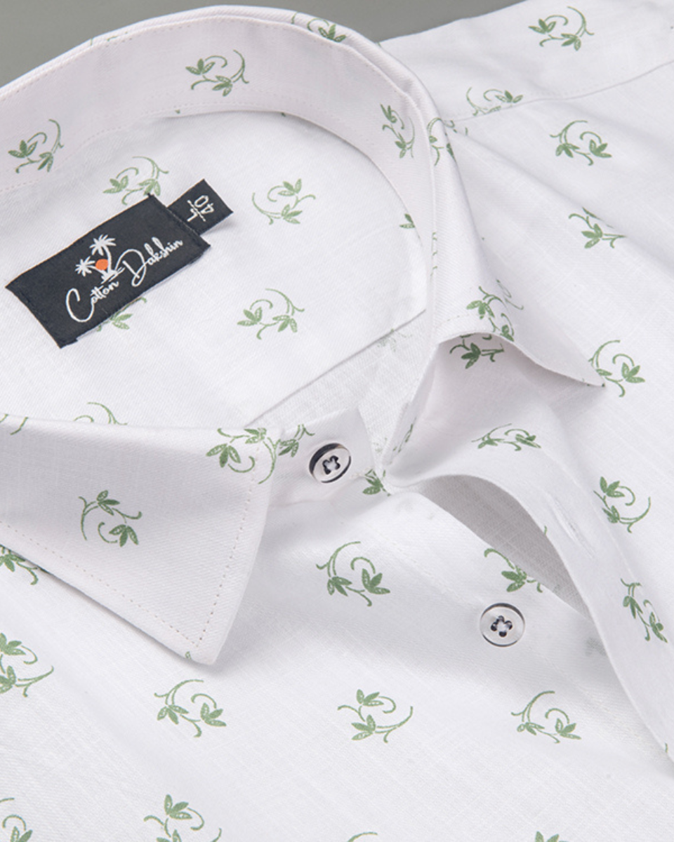 Turkey Linen White with Green Flower Print Shirts for Men
