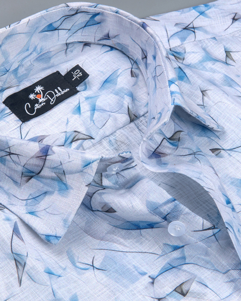 Belgium Linen White with Sky Zickzack Print Shirts for Men