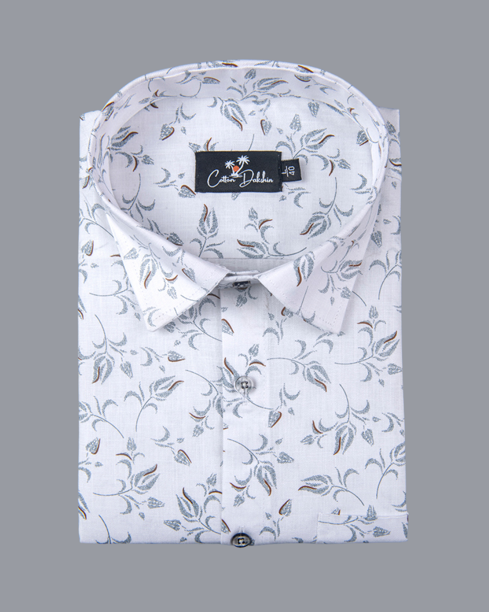 Turkey Linen White with Grey Flower Print Shirts for Men