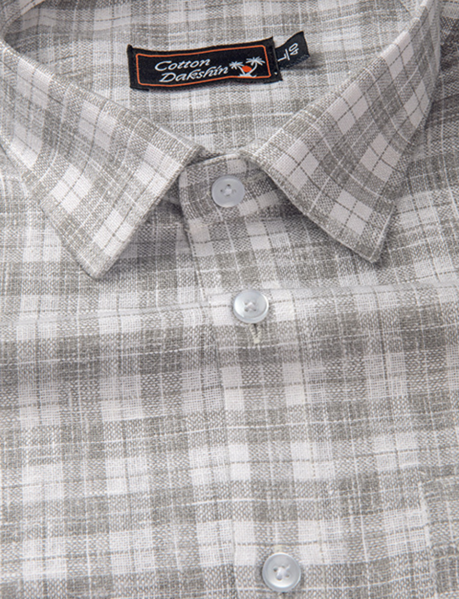Linen White with Gray Checks Shirts for Men