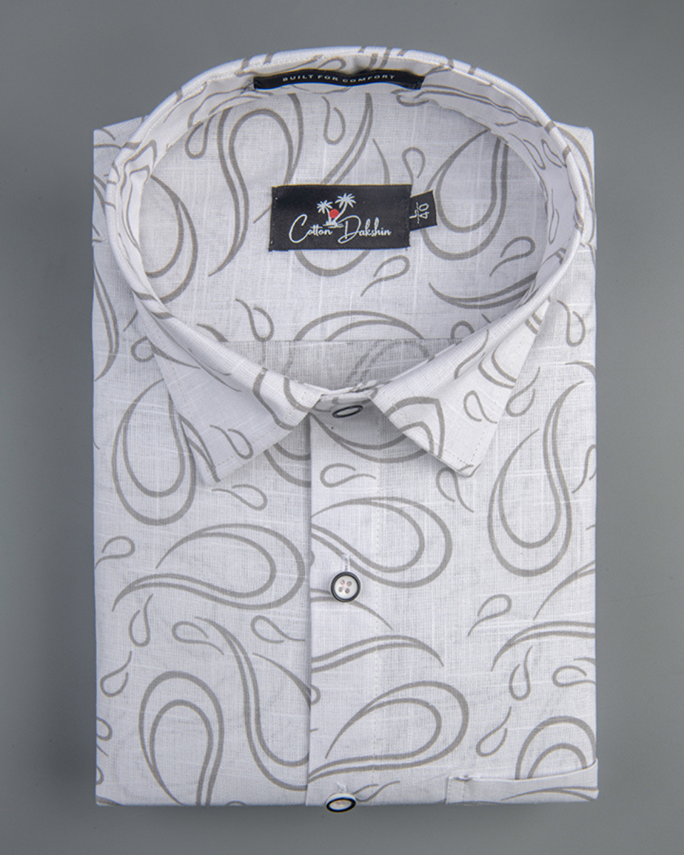 Linen White With Grey Pathan Print Shirts