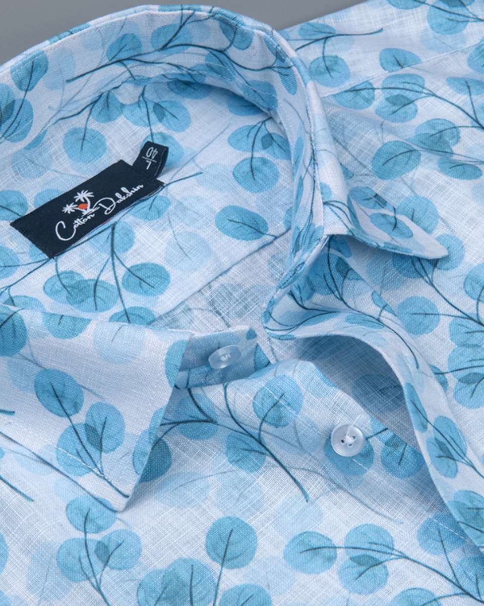 Belgium Linen White with Sky Flower Print Shirts for Men