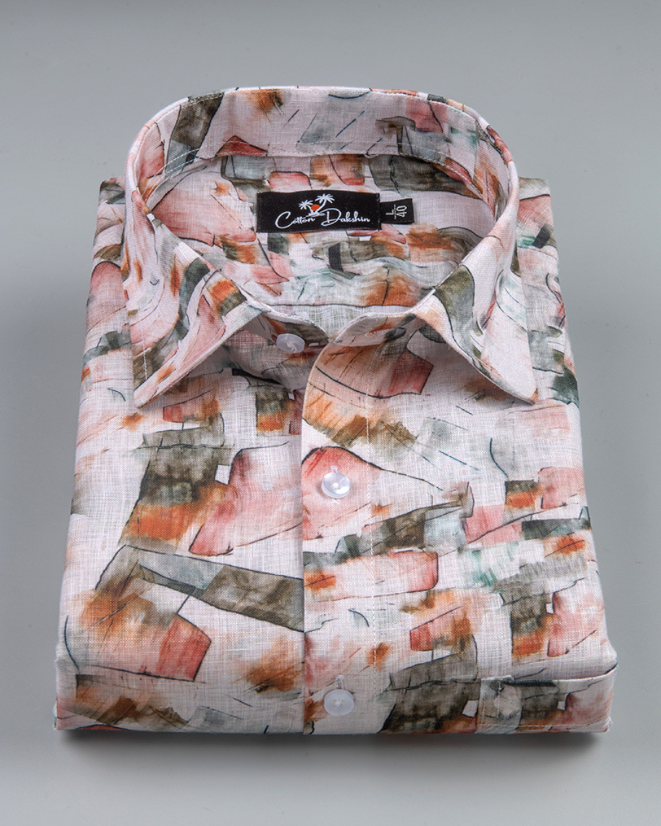 Belgium Linen Bristol Red Mahendi Print Shirts for Men