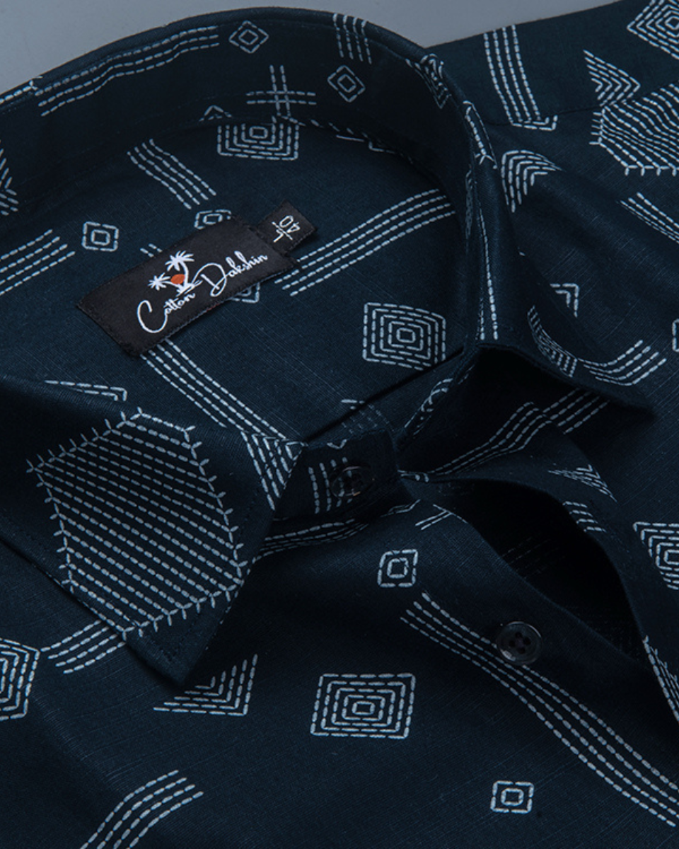 Gloster Linen Navy Blue with White Zari Print Shirts for Men