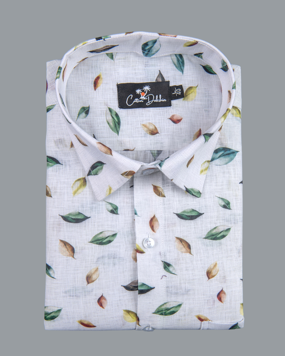 Belgium Linen White with Rama Brown Leaf Print Shirts for Men