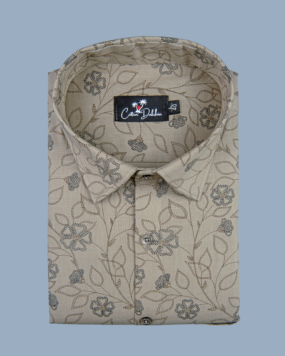 Linen fone with Black Flower Print Shirt for Men