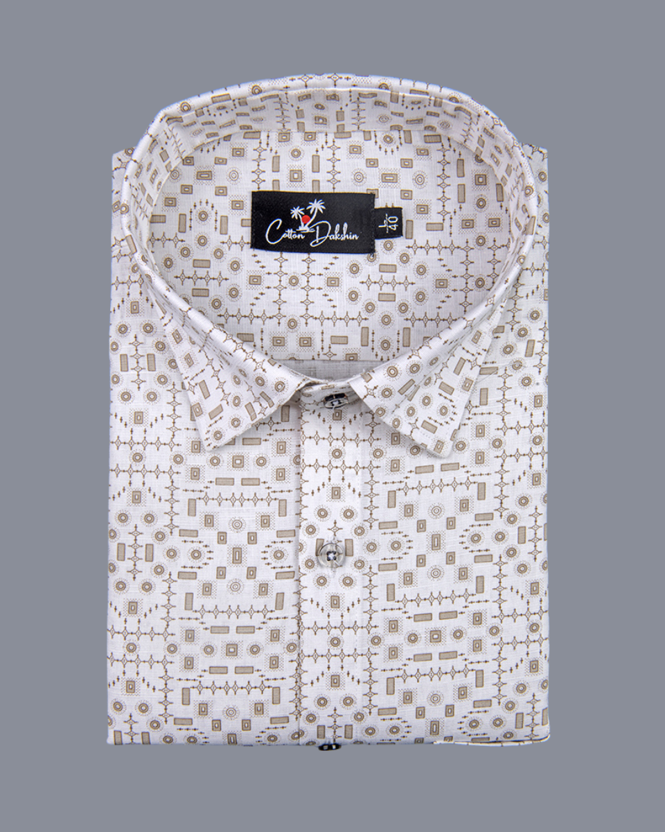 Linen White with fone Geometric Print Shirt for Men