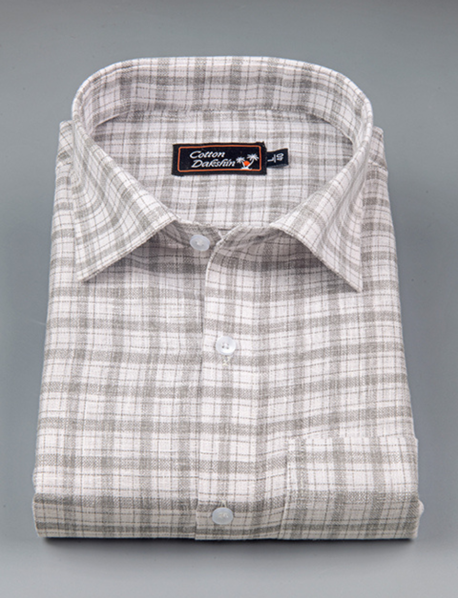 Linen White with Gray Multi Checks Shirts for Men