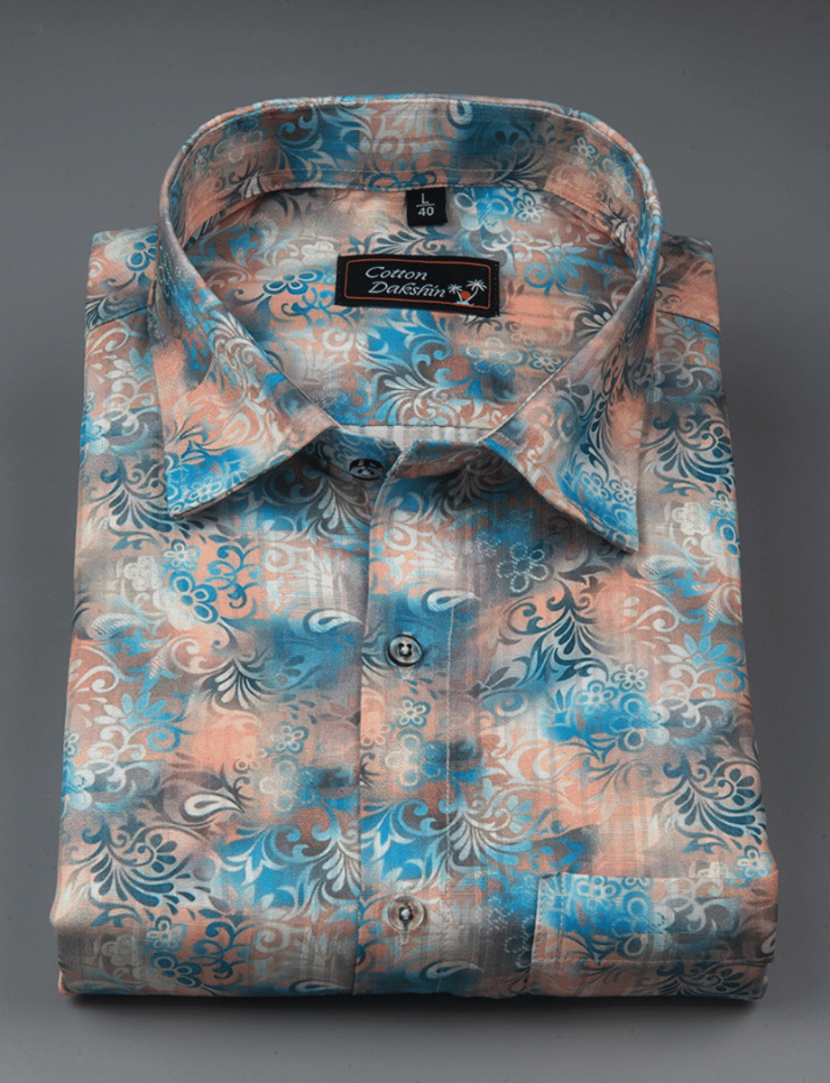 Cotton Printed Blue with Orange Mix Print Shirts for Men