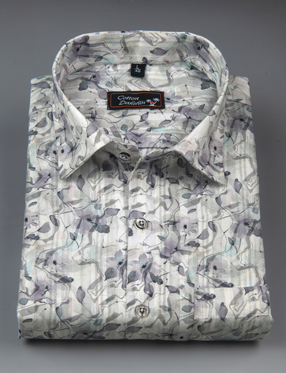 Cotton Printed White with Lavender Flowers Print Shirts for Men