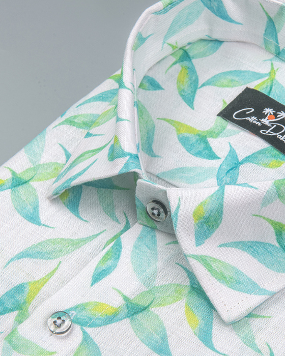 New Italian Linen white with Green Leaf Printed Shirts for Men