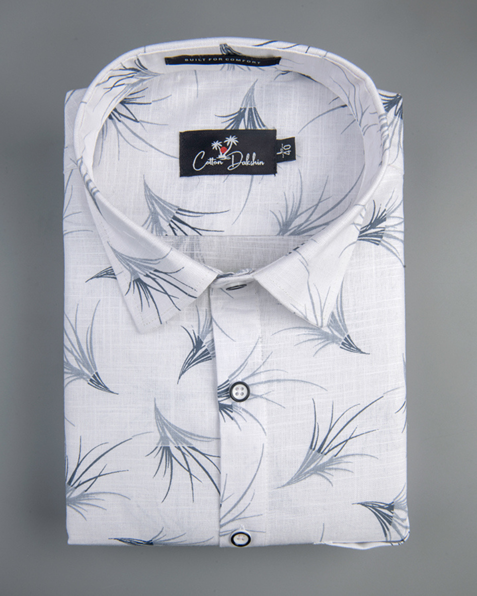 Linen White With Dark Grey Flower Print Shirts