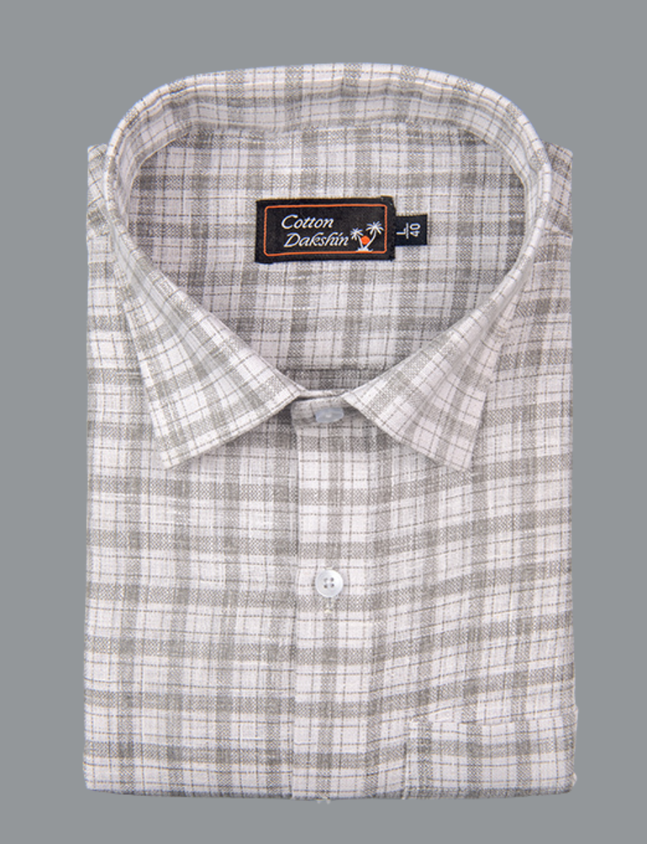 Linen White with Gray Multi Checks Shirts for Men