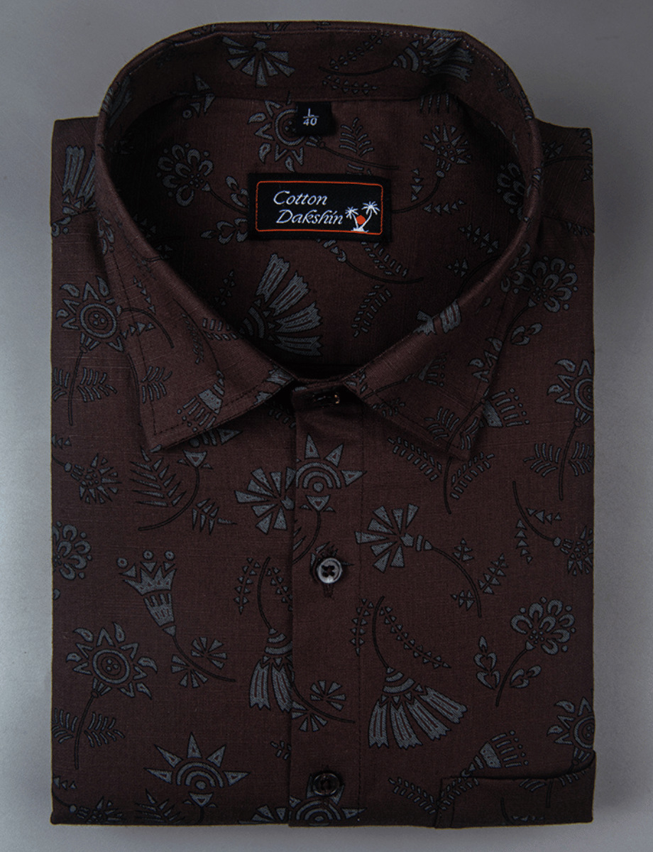 Cotton Printed Marrun with Gray Flower Shirts for Men