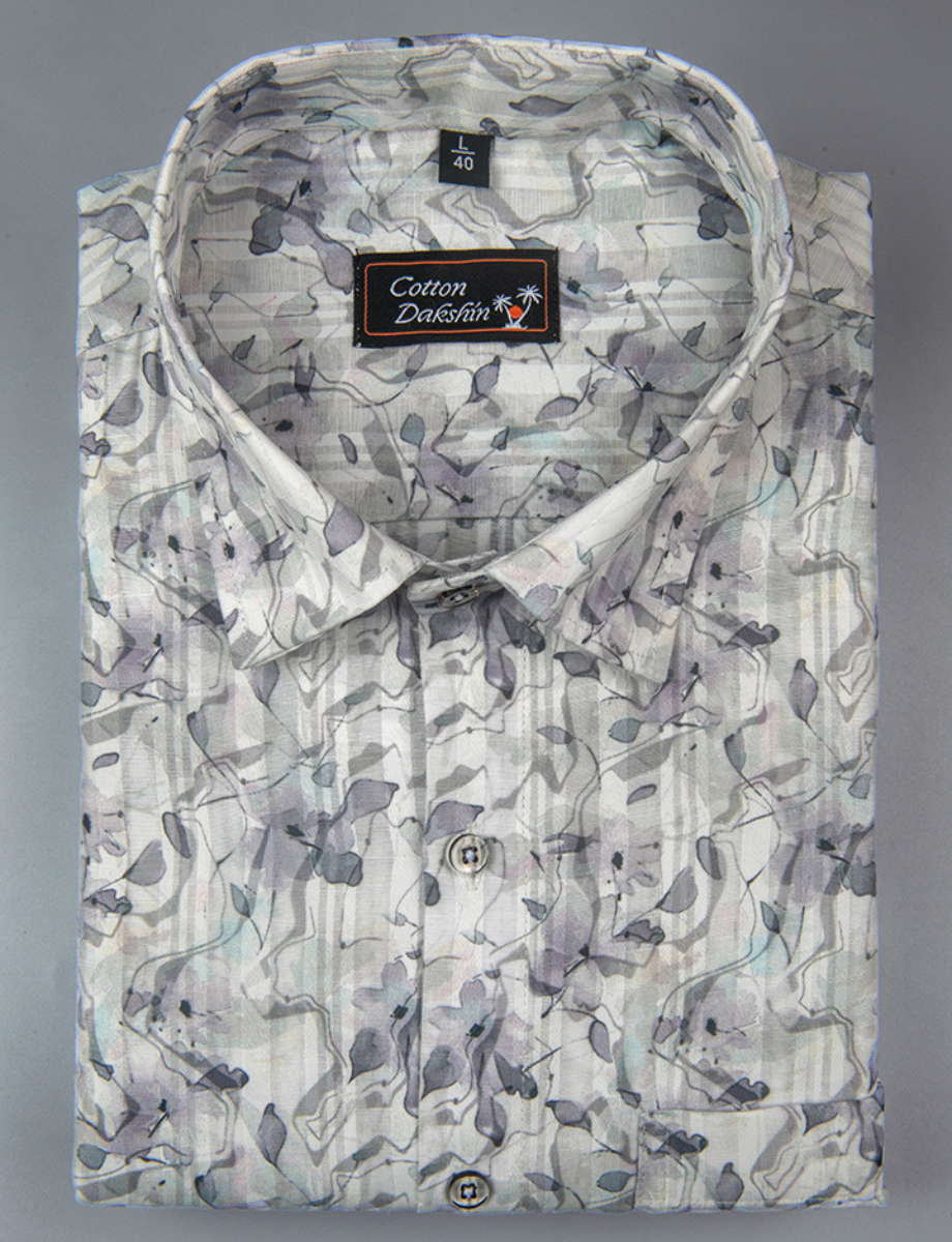 Cotton Printed White with Lavender Flowers Print Shirts for Men