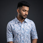 Digital Linen White with Sky Zickzack Print Shirts for Men