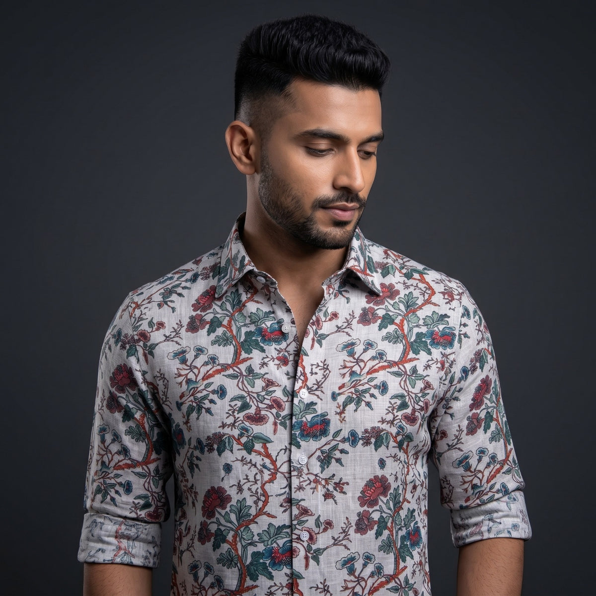 Digital Linen Red Green flower Print Shirts for Men