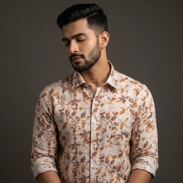 Digital Linen Light Marrun with Dark Marrun Flower Print Shirts for Men
