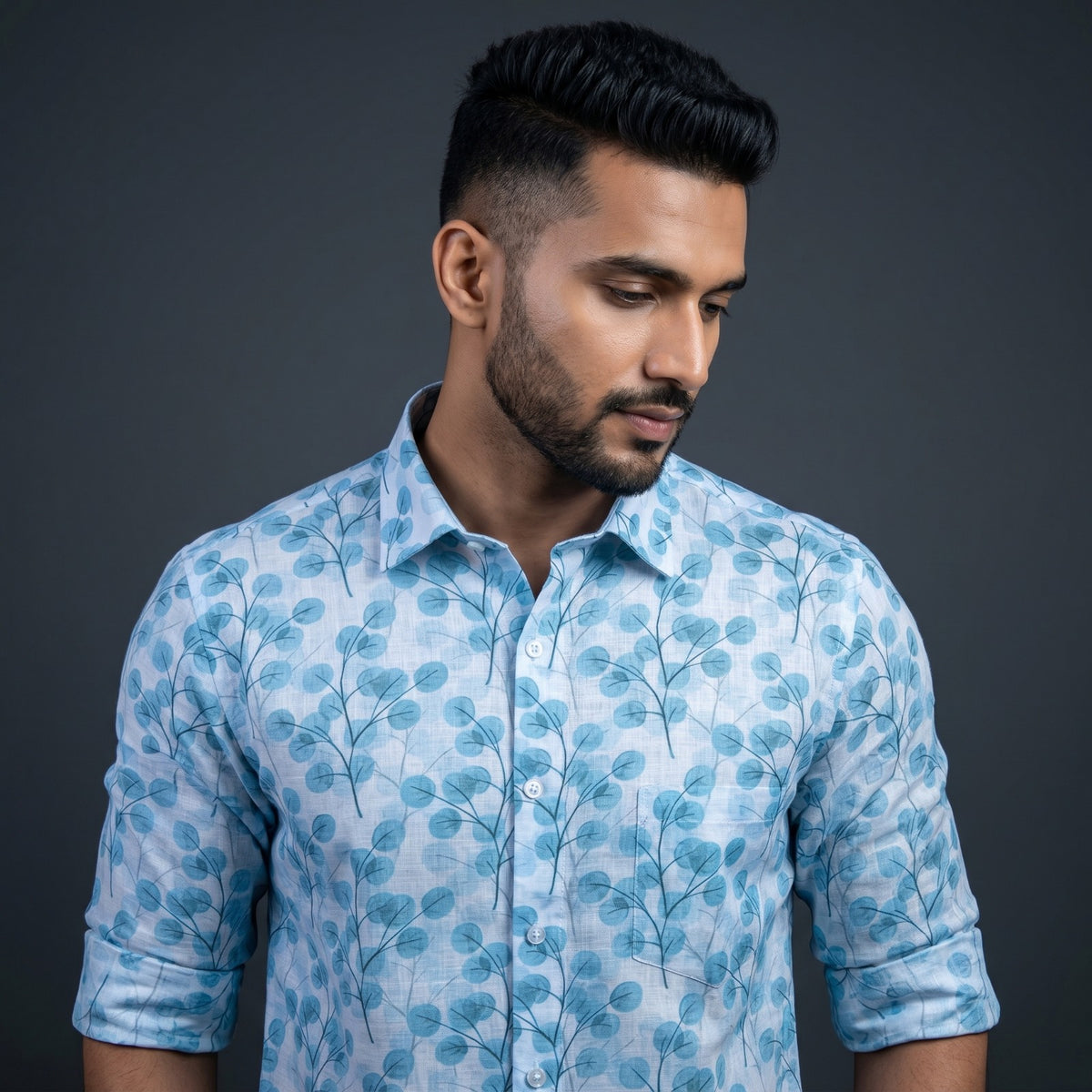 Digital Linen White with Sky Flower Print Shirts for Men