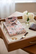 Italian Linen Light Orange With Rama Red Flower Print Shirts