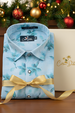 Italian Linen Sky Blue With Dark Blue Print Shirts