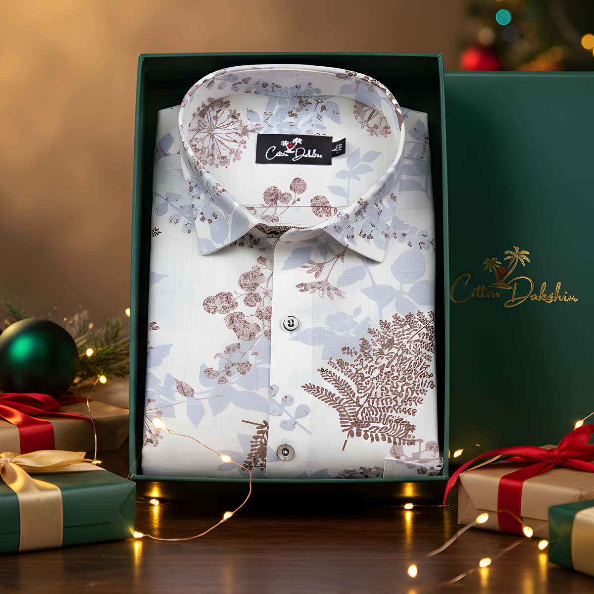 Linen White with Marrun flower Print Shirts for Men