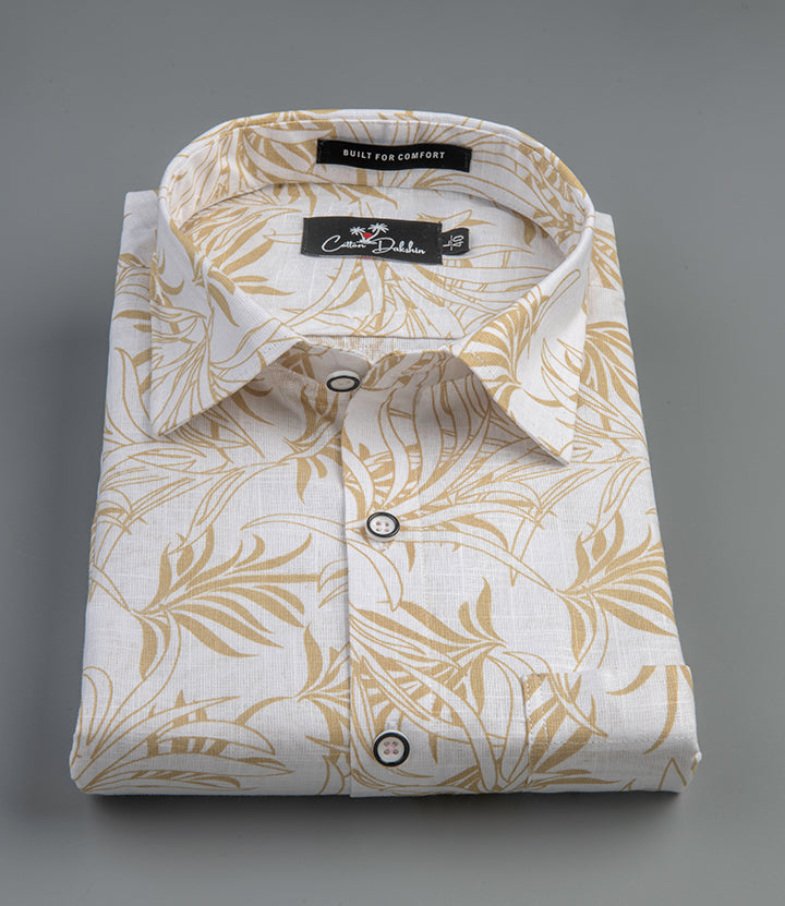 Linen White With Yellow Flower Print Shirts